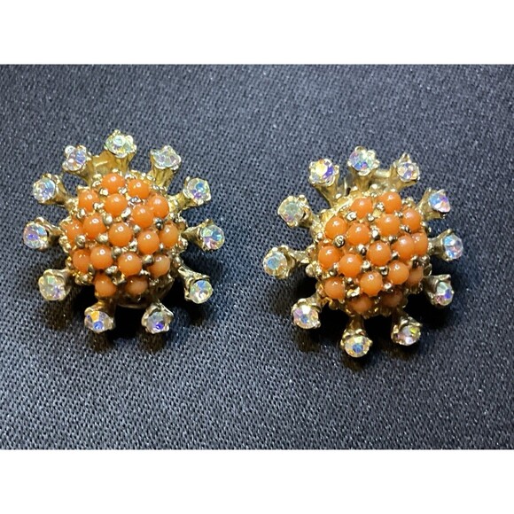 Vintage BSK Gold Tone Orange Bead A/B Crystal Clip On Earrings - Picture 2 of 5